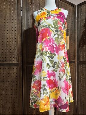 Calvin Klein Floral Sleeveless A-Line Dress in Pink + Yellow